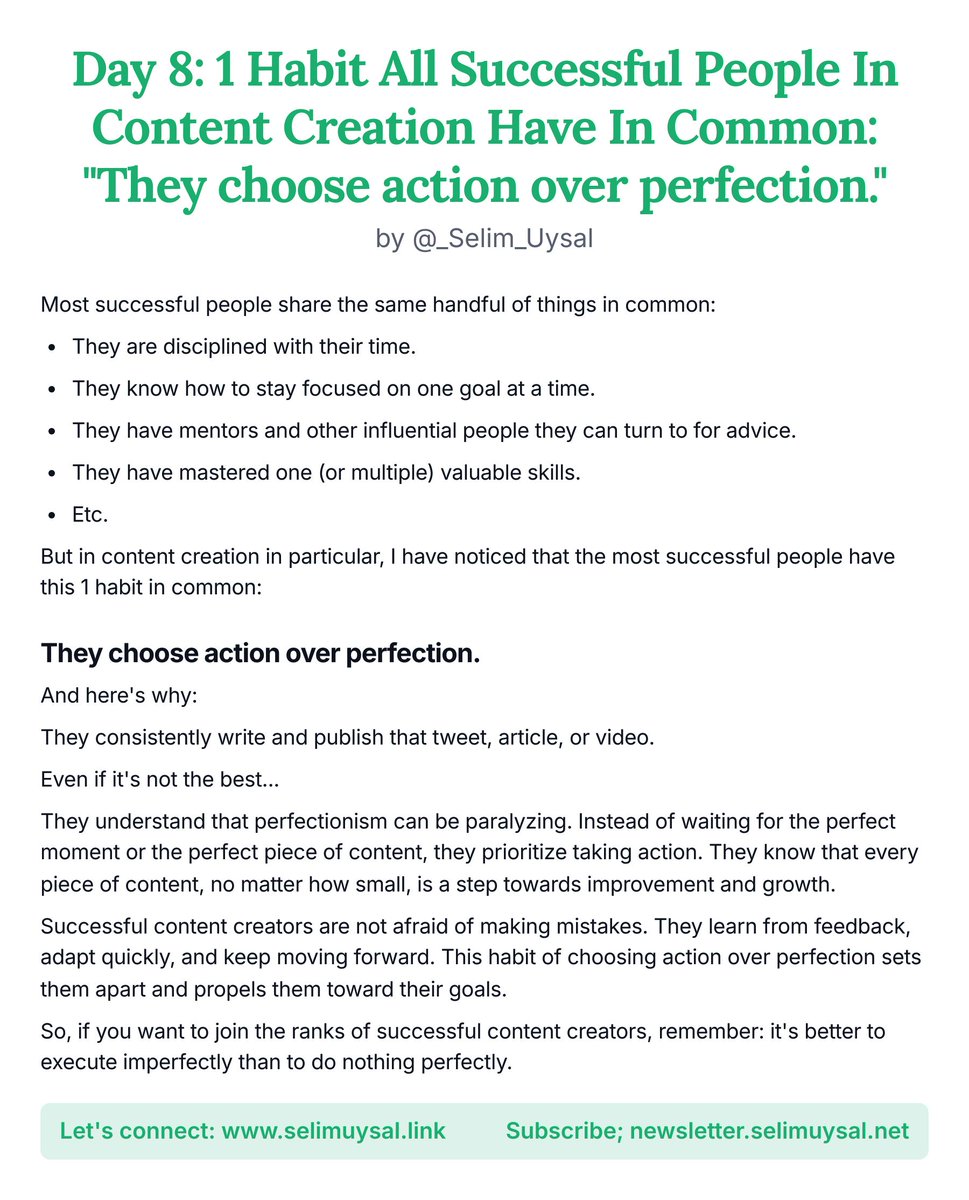 Day 8: 1 Habit All Successful People In Content Creation Have In Common: 'They choose action over perfection.'

#ship30for30