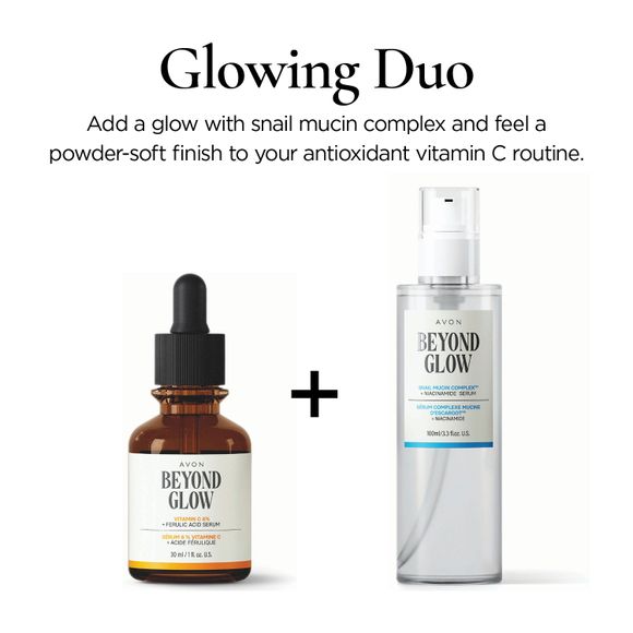 This dynamic duo of Beyond Glow Vitamin C 6% + Ferulic Acid Serum and Beyond Glow Snail Mucin Complex + Niacinamide Serum will add a glow to your skin. K-beauty at its finest. #KBeauty #AvonSkincare #GlowingDuo #SnailMucin @avoninsider avon.com/repstore/pamwa…