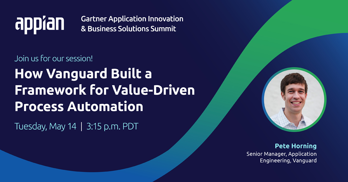 Headed to #GartnerApps Summit? Attend our session on May 14 to hear how asset management firm @Vanguard_Group created a framework for resource optimization through low-code automation with Appian. Stop by booth 304 or schedule a meeting with our team! ap.pn/4beqfeE