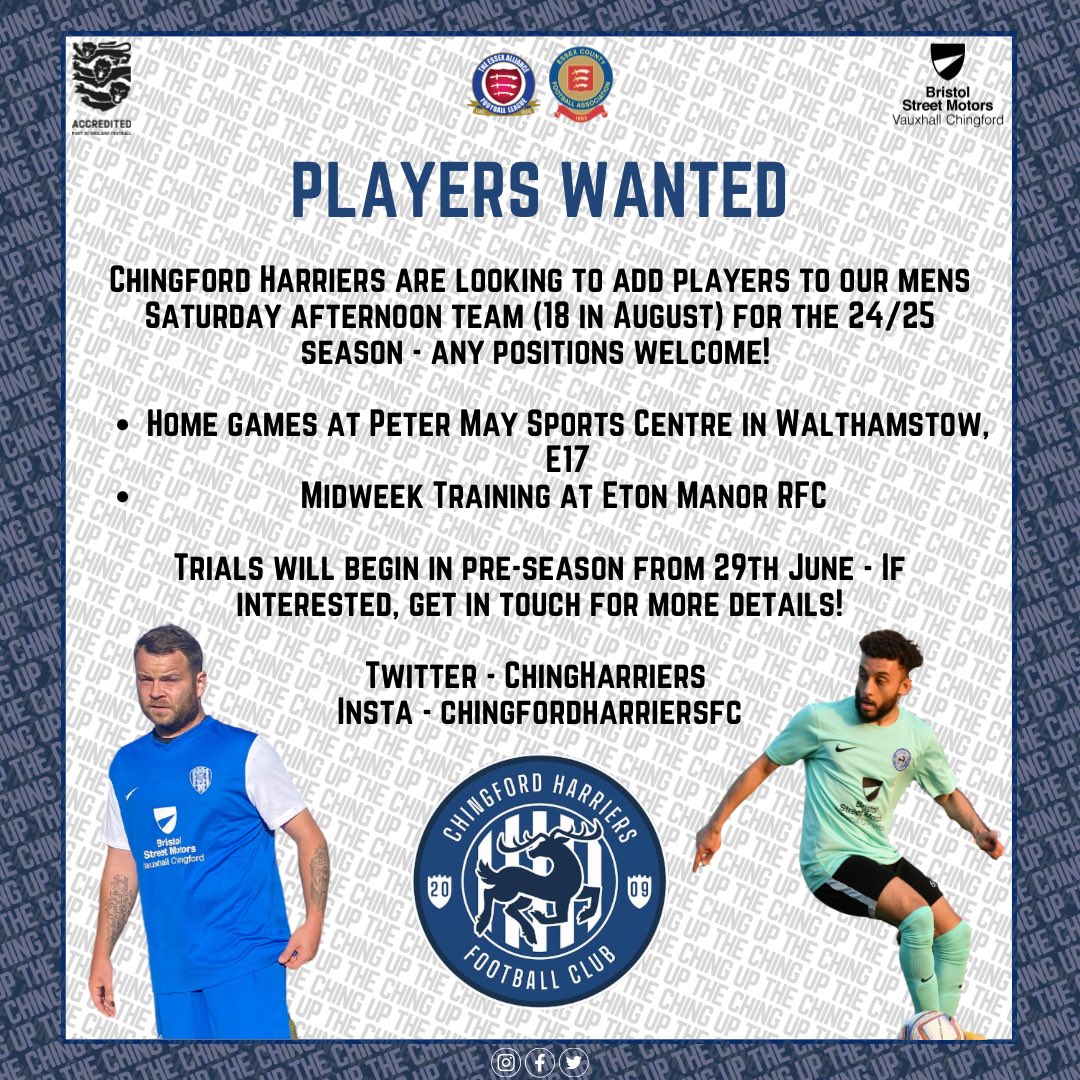 Chingford Harriers FC are looking to add players to our mens’ Saturday afternoon team for the 24/25 season - any positions welcome! - Home games at Peter May Sports Centre in Walthamstow, E17 - Midweek Training at Eton Manor RFC, E11 1/2 #SquadBooster