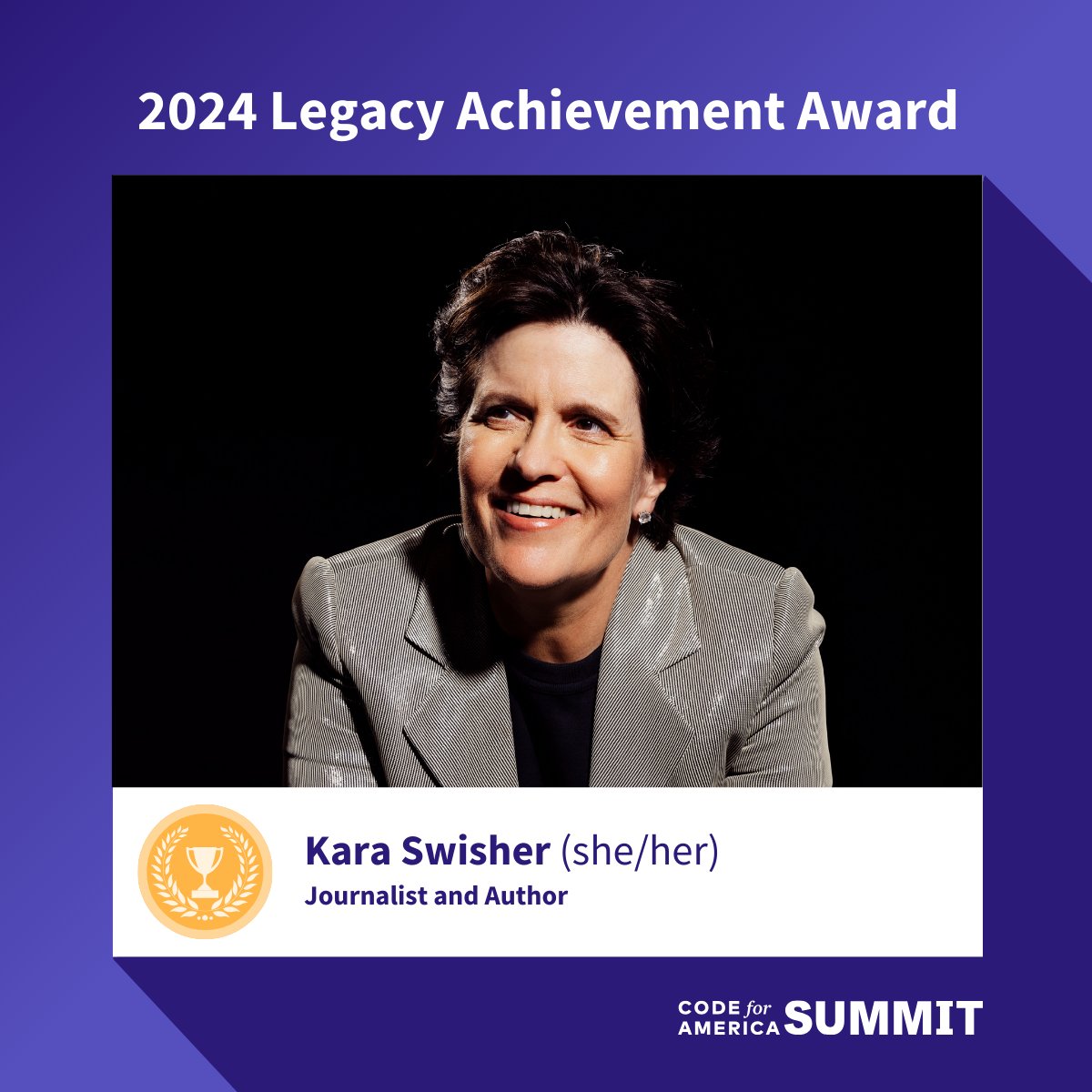 Congratulations to @KaraSwisher, our 2024 Legacy Achievement Award recipient. She's recognized for elevating the expectations for the tech industry throughout her journalism career. We're celebrating her achievements at #CfASummit later this month. bit.ly/3wyPd9n