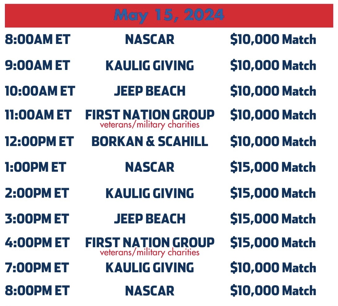 Tomorrow's portion of the @NASCAR_FDN's NASCAR Day Giveathon will feature Power Hours - where your gifts will be matched, thanks to these sponsors! Donate during one of these windows to double the impact of your generosity❤️