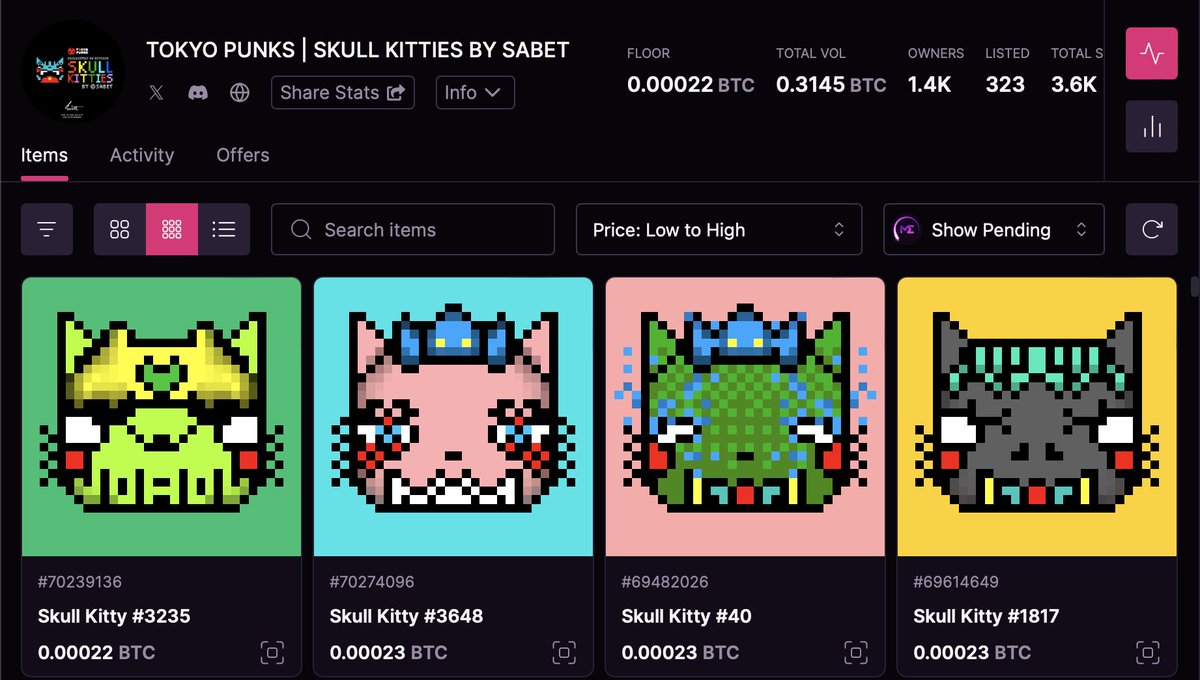 Skull Kitties are Digital Relics on Bitcoin. They're pixel carvings on the chain. They're all 1 of 1s. That is all.