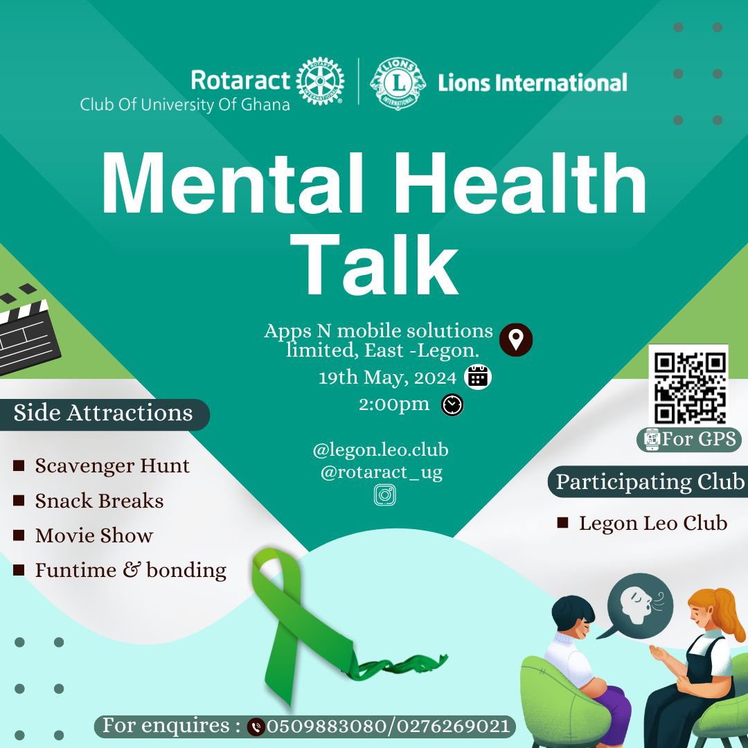 Legon Leo Club, in partnership with the Rotaract Club of University of Ghana, is inviting everyone to a special event dedicated to mental health awareness, filled with engaging activities to uplift your minds and spirits.
#lionsinternational #rotaryinternational #legonleoclub
