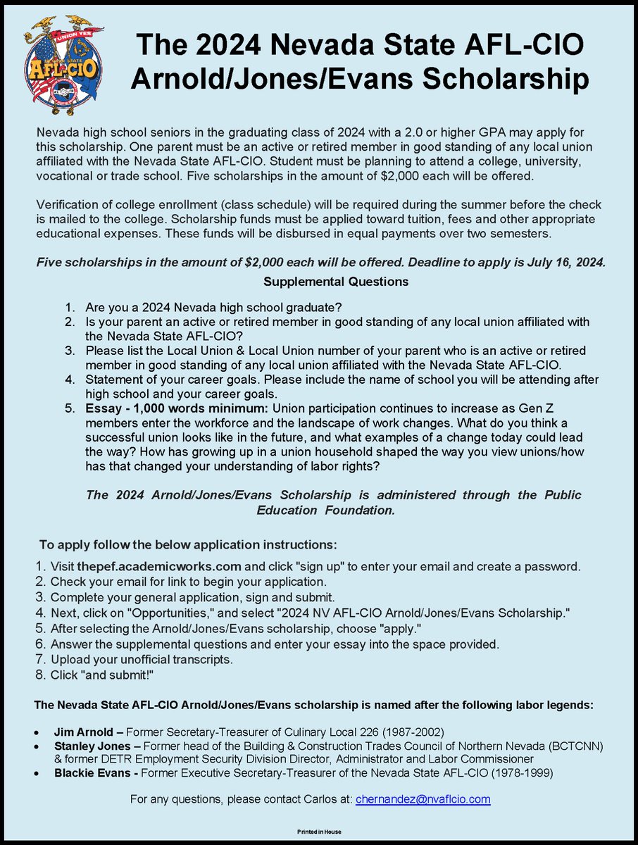 The 2024 NV AFL-CIO Arnold/Jones/Evans Scholarship application is open to all high school seniors. One parent must be an active or retired member in good standing of any local union affiliated with the NV AFL-CIO. Apply here! thepef.academicworks.com/opportunities/…