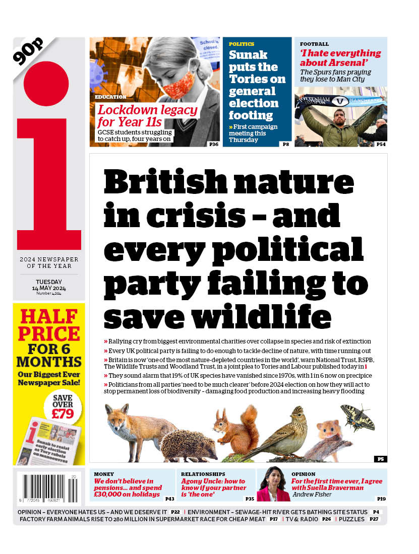 Tuesday's front page: British nature in crisis - and every political party failing to save wildlife #Tomorrowspaperstoday Latest by @luciemheath: trib.al/cukibSH