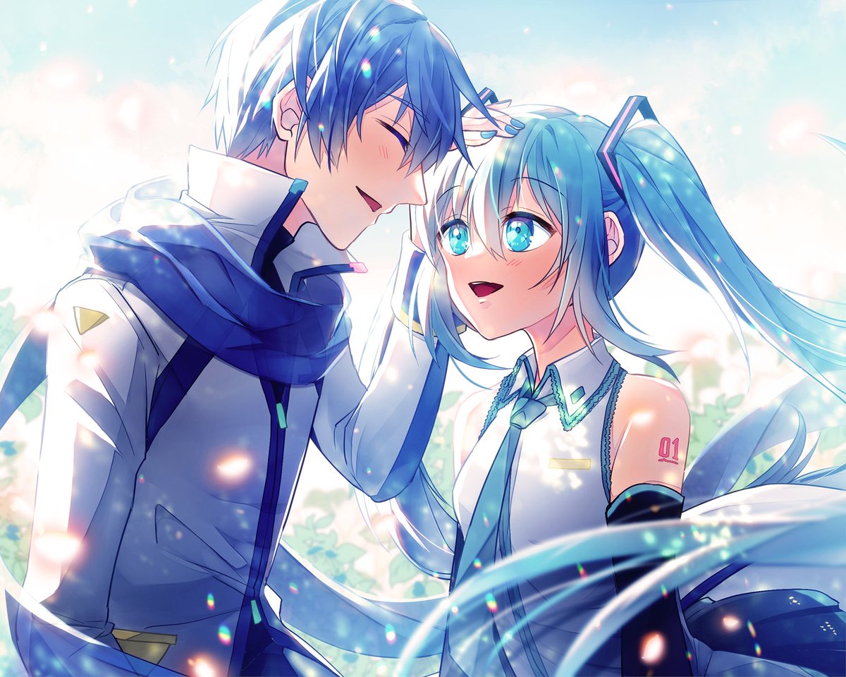 hatsune miku ,kaito (vocaloid) 1girl long hair smile open mouth blue eyes shirt long sleeves  illustration images