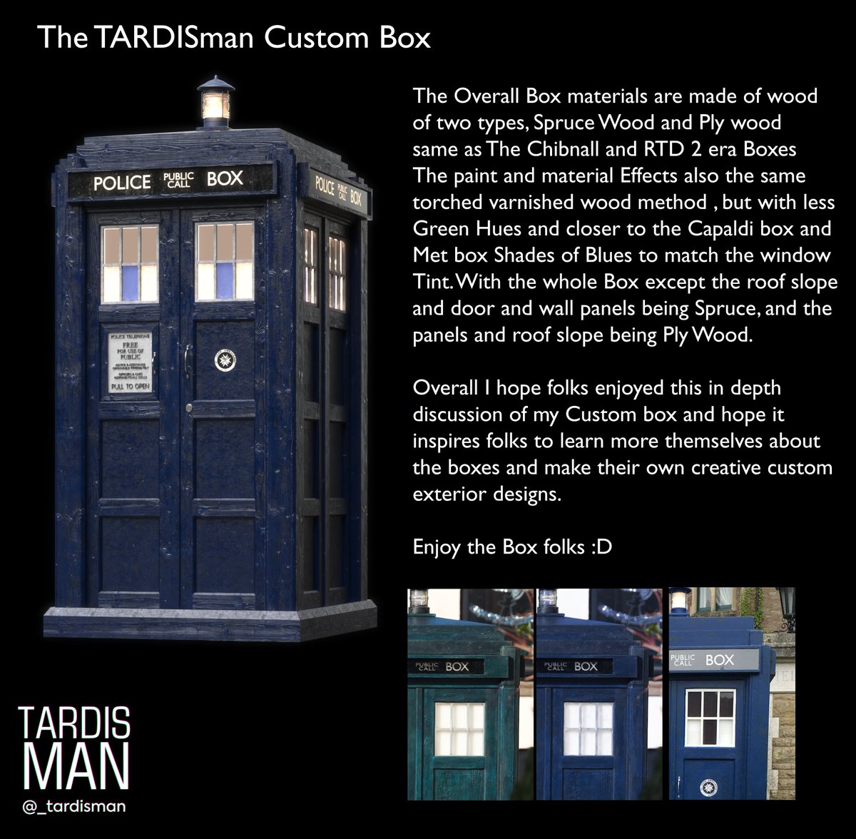 Howdy folks thought id make and in depth post discussing the details and idea that inspired my Custom Box design , if folks enjoy this read and this format I may do more for the Show boxes describing their differences , history and design Enjoy folks #DoctorWho #TARDIS #art
