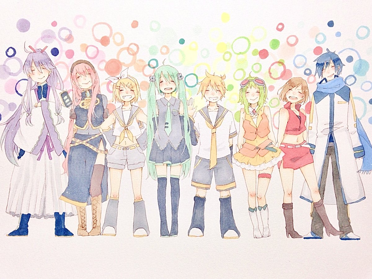 gumi ,hatsune miku ,kagamine len ,kagamine rin ,kaito (vocaloid) ,kamui gakupo ,megurine luka ,meiko (vocaloid) long hair blush smile open mouth short hair skirt blonde hair  illustration images