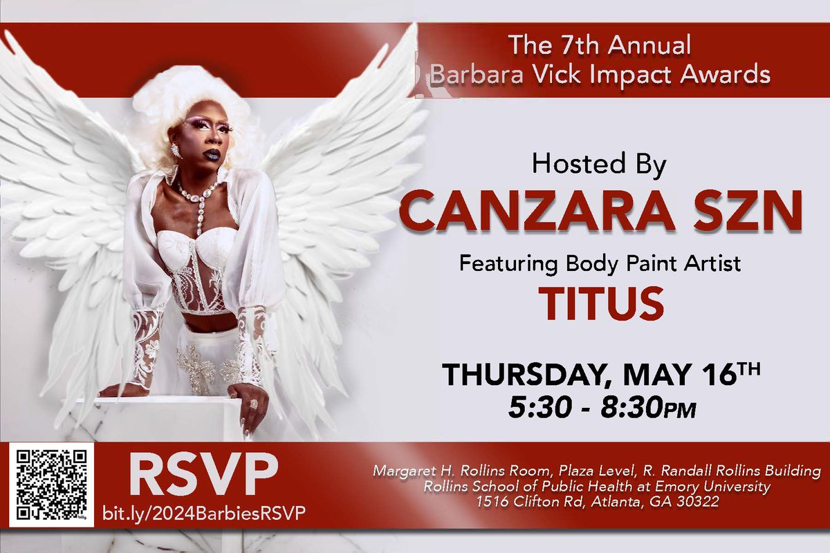🚨 Join the #EmoryCFAR Community Liaison Council & guest host, Canzara Szn this Thursday (5/16) at @EmoryRollins for the 7th Annual Barbara Vick Impact Awards (#Barbies2024). RSVP now to help celebrate 24 unsung heroes in the Metro-Atlanta #HIV response: bit.ly/2024BarbiesRSVP