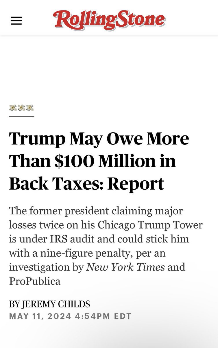Another Fraudulent Act: 
The TFG may face an IRS bill in excess of $100 million after a government audit indicates he double-dipped on tax losses tied to a Chicago skyscraper, according to a report by The NY Times & ProPublica that drew on a years long audit & public filings