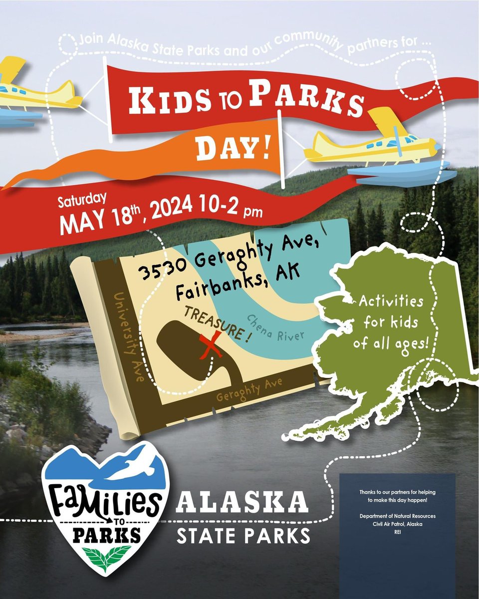 💥💥KIDS TO PARKS DAY is in FAIRBANKS this Saturday, MAY 18, near our Parks office in Fairbanks!💥💥

Join us for fun and activities from 10 AM to 2 PM. 👌 See address on flyer. 

#Kidstoparksday #akstateparks #alaskastateparks