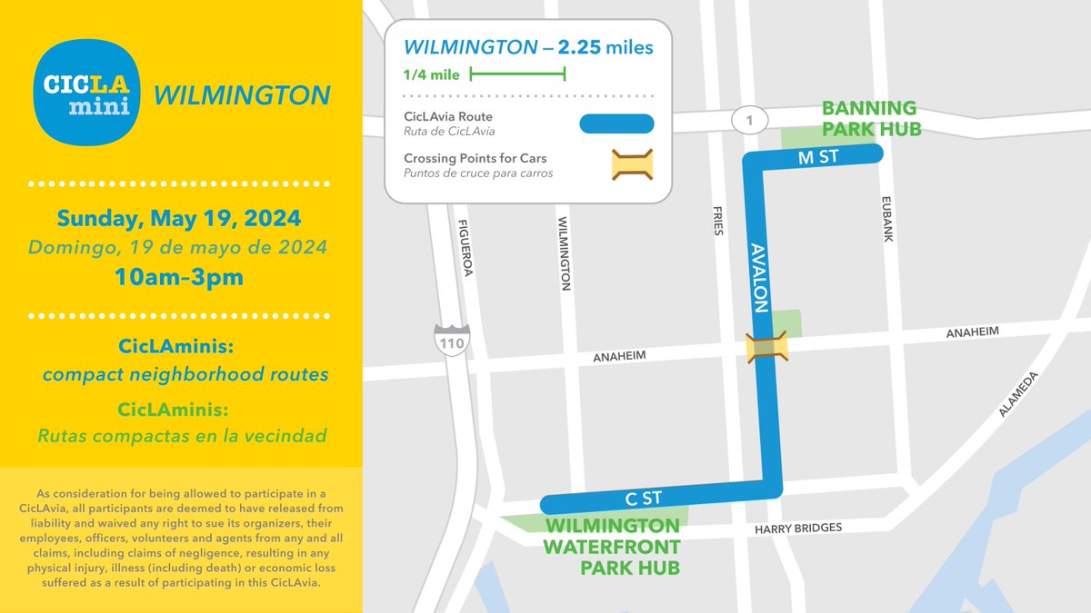 Walk, jog, or bike during the next CicLAmini—Wilmington, Sunday, May 19, 2024, from 10 am – 3 pm. Explore what @LACity has to offer! 🏃🚲🛹 For more, visit ciclavia.org @CicLAvia turns public streets into public parks for a day!