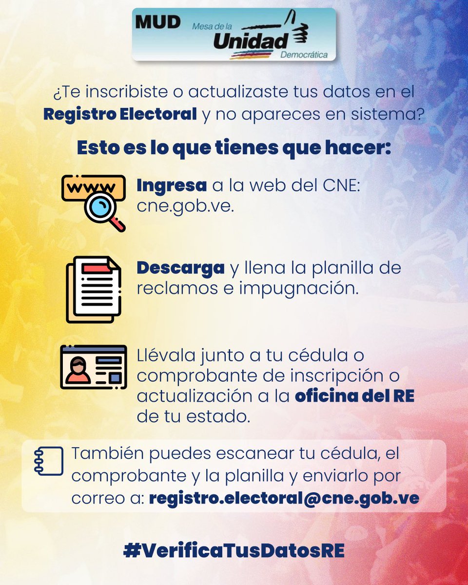 ⚠️¡ATENCIÓN!⚠️ ¿Ya verificaste tus datos de registro, actualización y cambio de residencia en el CNE? Asegúrate de que tu voz se escuche este #28Julio ¡Todos vamos a VOTAR! 🗳️ #EleccionesLibresVzla