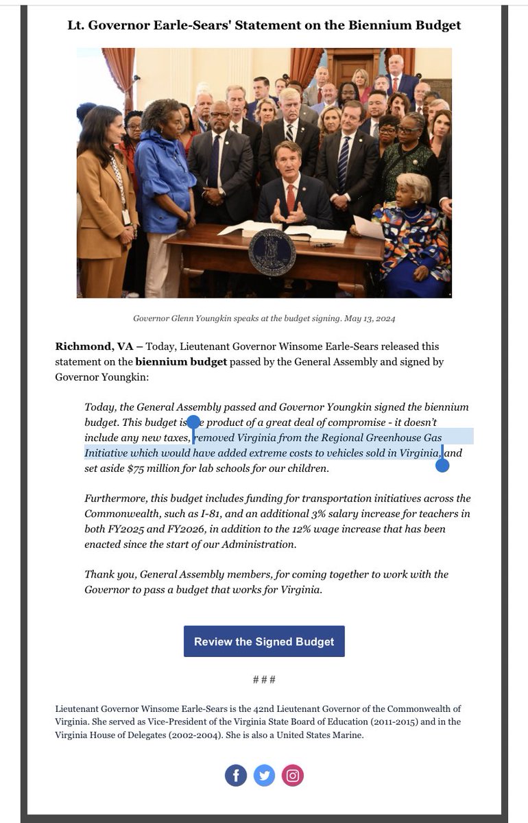 I’m a bit worried folks may have been opposed to RGGI without knowing what it does. 

“…removed Virginia from the Regional Greenhouse Gas Initiative which would have added extreme costs to vehicles sold in Virginia…”