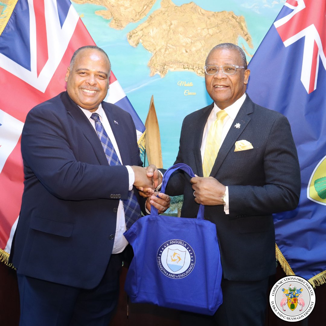 Earlier this afternoon, the Premier, Hon. C. Washington Misick, received a courtesy call from the Premier of Anguilla, Hon. Ellis Webster. During their meeting, they exchanged gifts on behalf of their respective countries.