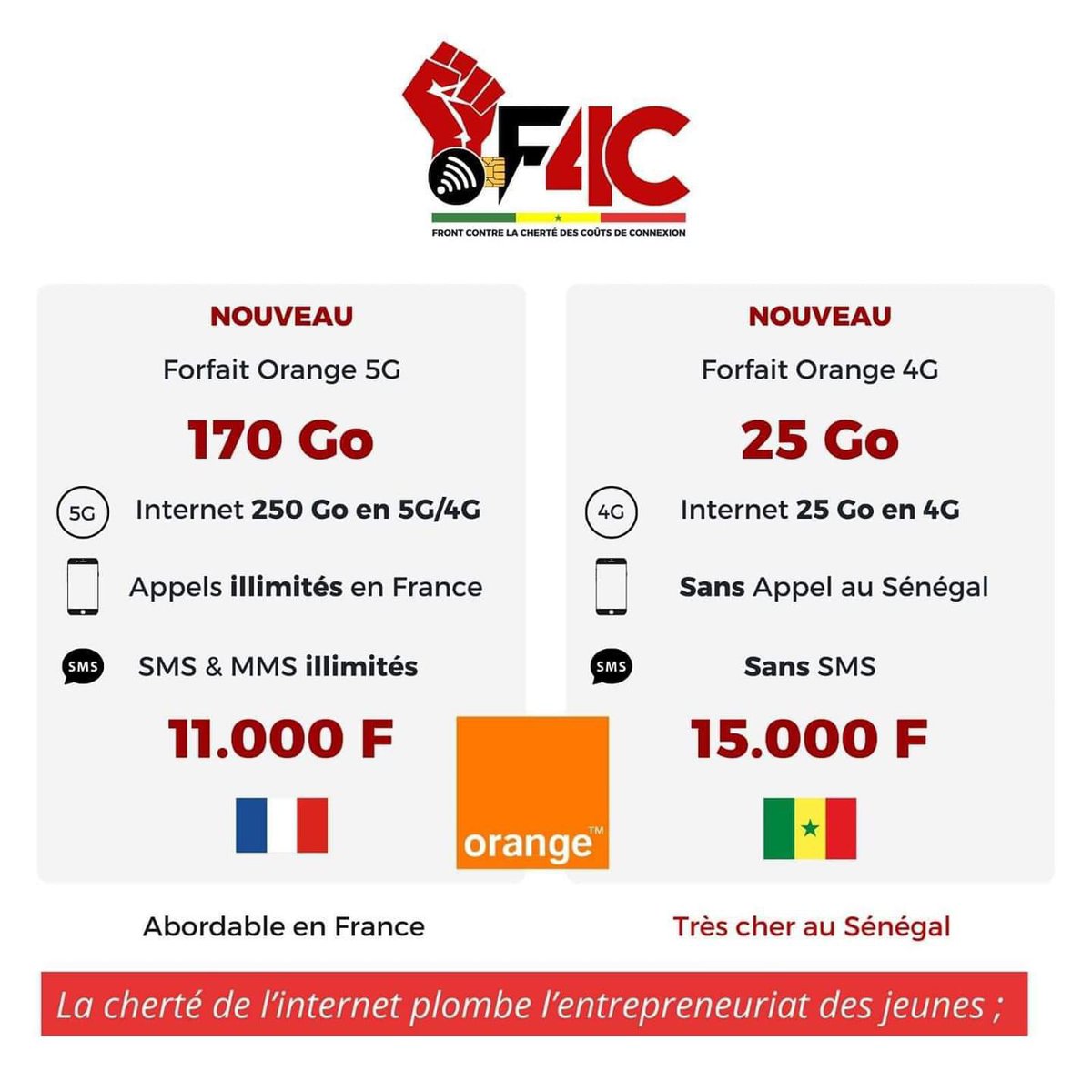 🚨Connexion ORANGE En France: 🇫🇷170Go = 11.000f 🇸🇳 Au Sénégal: 25Go = 15.000f 📌Connexion FREE France 🇫🇷:250Go=12.000f 🇸🇳:32Go = 15.000f