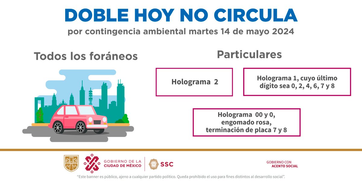 La @CAMegalopolis informa activación de contingencia ambiental por ozono, mañana martes 14 de mayo el programa #HoyNoCircula aplica a vehículos con holograma 2, holograma 1 terminación de placa 0, 2, 4, 6, 7 y 8; también holograma 0 y 00 engomado rosa terminación 7 y 8, de 5:00 a…