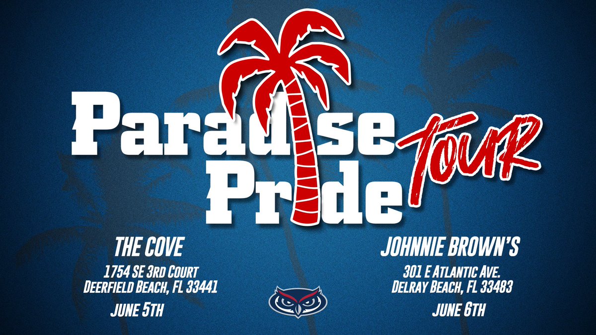 The Paradise Pride Tour is back and we need everyone in attendance! Hear from VP/AD @Brian_E_White_, @FAUFootball Coach Tom Herman, @FAUMBB Coach John Jakus, and @FAUWBB Head Coach Jennifer Sullivan.  Dates, Locations and Times: June 5th 📍: The Cove Deerfield Beach, 6-7:30