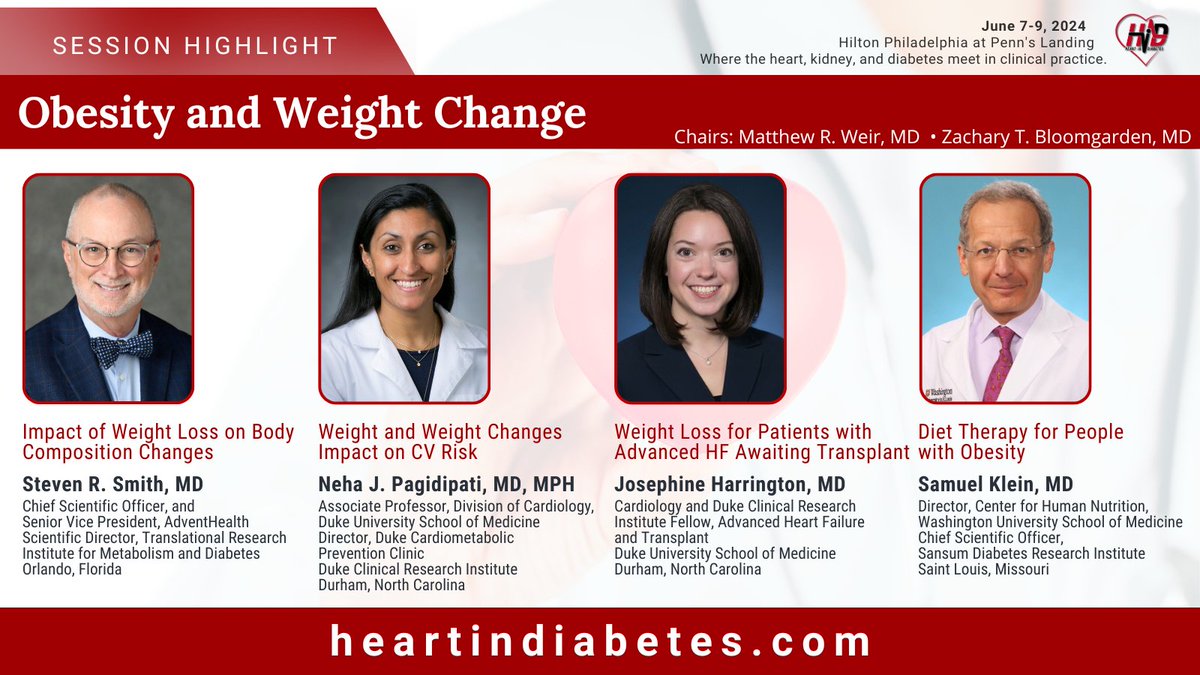 Discover the secrets to managing #Obesity & #WeightLoss for a healthier heart! Join Drs. Smith, @NPagidipati, @JLHarrington_MD, and Klein for insights on body composition changes, #CVRisk, HF management, and #DietTherapy. Register for @HeartinDiabetes at heartindiabetes.com/registration