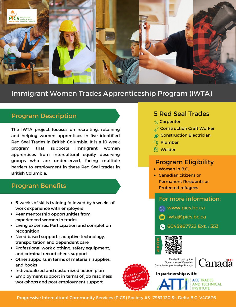 IWTA: Immigrant Women Trades Apprenticeship Program is a Fully Funded Free Program for Women. We are now accepting applications for all 5 trades (Construction Electrician, Plumber, Carpenter, Construction Craft Worker, Welding). Call 604-596-7722 Ext: 553 today! @CheemaSatbir