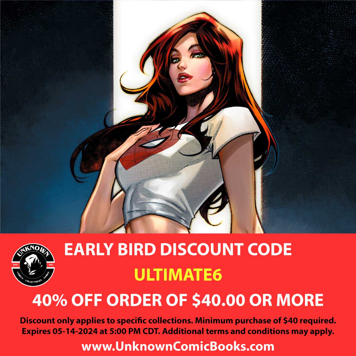 Heads up, Spidey fans! ⏰ Pre-order the Ultimate Spider-Man #6 Exclusive by Segovia (featuring MJ) for 40% off (first 24 hrs only) with code ULTIMATE6! Min. $40 order. Don't miss out: UnknownComicBooks.com #UltimateSpiderMan #DiscountCode #PreOrderNow #UnknownComics