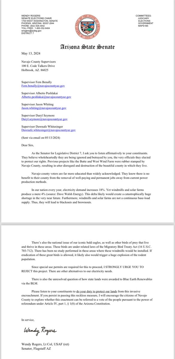 Wendy Rogers (@wendyrogersaz) on Twitter photo My northern Arizona constituents WON’T STAND for unbridled WINDMILL USURPATION of their land! <a href="/NavajoCountyAZ/">Navajo County</a> supervisors take heed! My northern Arizona constituents WON’T STAND for unbridled WINDMILL USURPATION of their land! <a href="/NavajoCountyAZ/">Navajo County</a> supervisors take heed!