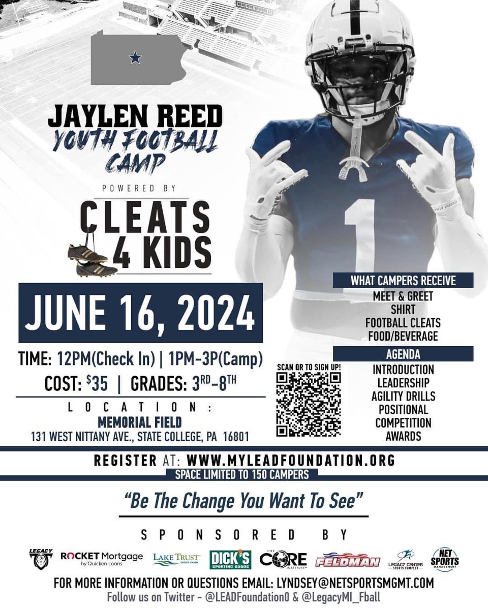 Excited to announce collaboration for @LEADFoundation0 Cleats4Kids sponsored by @RocketMortgage, powered by @legacymi_fball with @netsportsmgmt & @JaylenReed20 in State College, PA sign up @ myleadfoundation.org #legacy #jointhemovement #leadfoundation