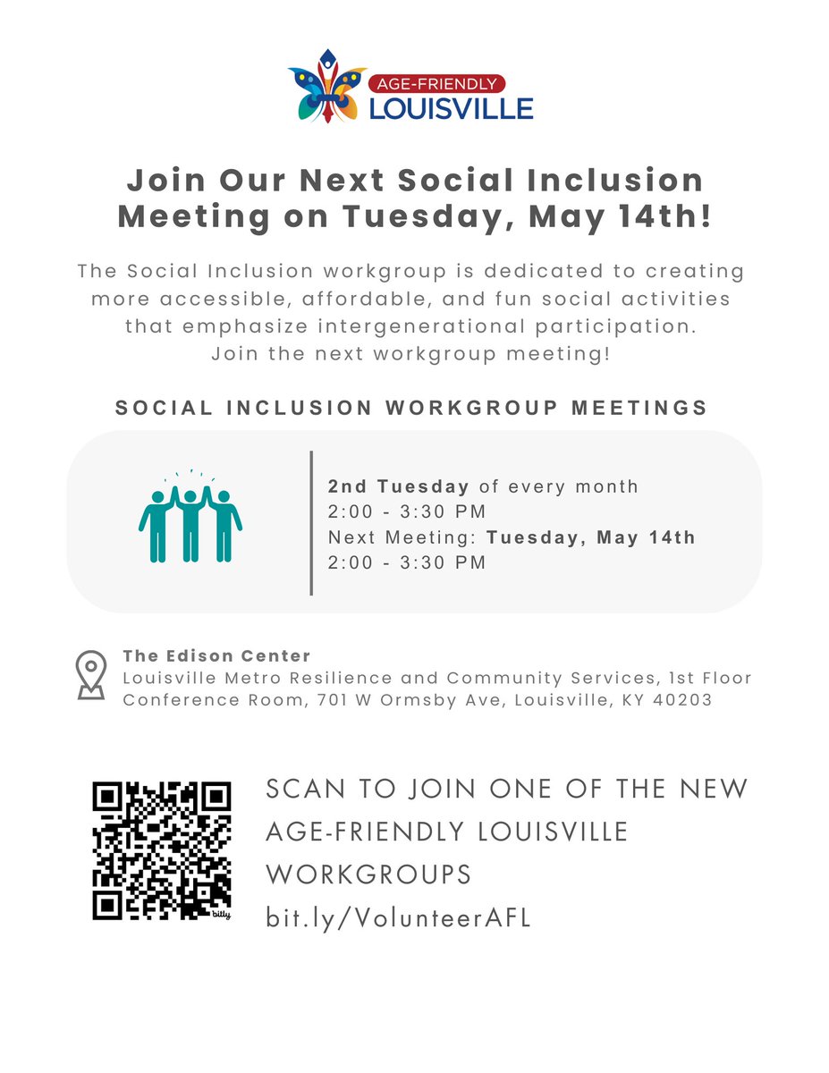 Social Inclusion Workgroup meeting at the Edison Center:📣 Join our Age-Friendly Social Inclusion Workgroup Meeting Tomorrow 📣 Find out what the Age-Friendly Louisville Workgroups are up to here: lnkd.in/e_VpKZQX Sign up for the AFL Workgroup here: bit.ly/VolunteerAFL