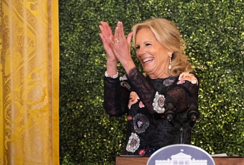 Guess who isn't listening to reports of her husband banging a porn star and writing checks in the Oval Office to cover it up?

Our beautiful First Lady Jill Biden, who just hosted the first ever state dinner at the White House honoring our nation's most outstanding teachers.
