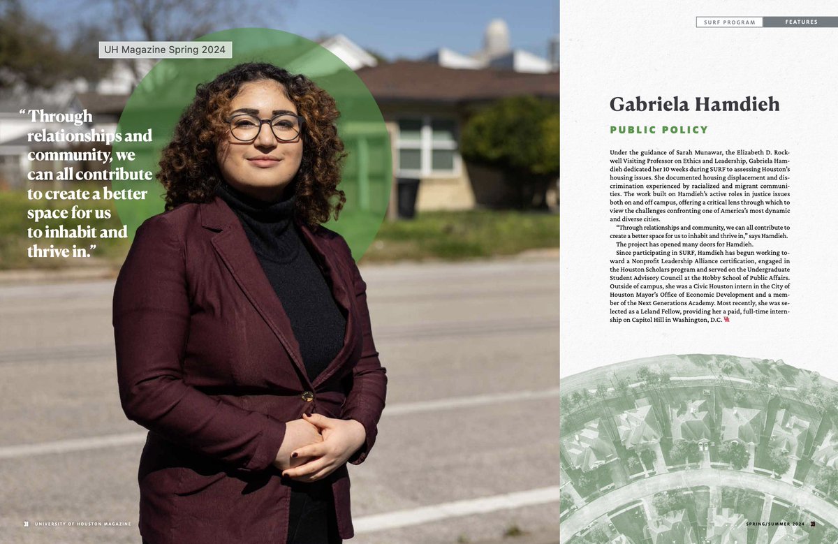 Gabriela Hamdieh is featured in UH Magazine for her 10-week research project on housing issues in Houston through the Summer Undergraduate Research Fellowship. Her work focused on housing discrimination and displacement among vulnerable communities. 📰: bit.ly/4ajdD4s