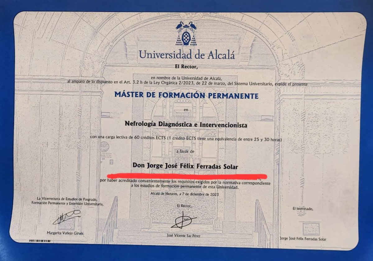 Un logro más en mi especialidad: 'Maestría en NEFROLOGÍA DIAGNOSTICA e INTERVENCIONISTA ' por la Universidad Alcalá @UAHes Madrid 🇪🇸 Agradecido de Dios : siempre #NEFRO🇵🇪 #TRUJILLO