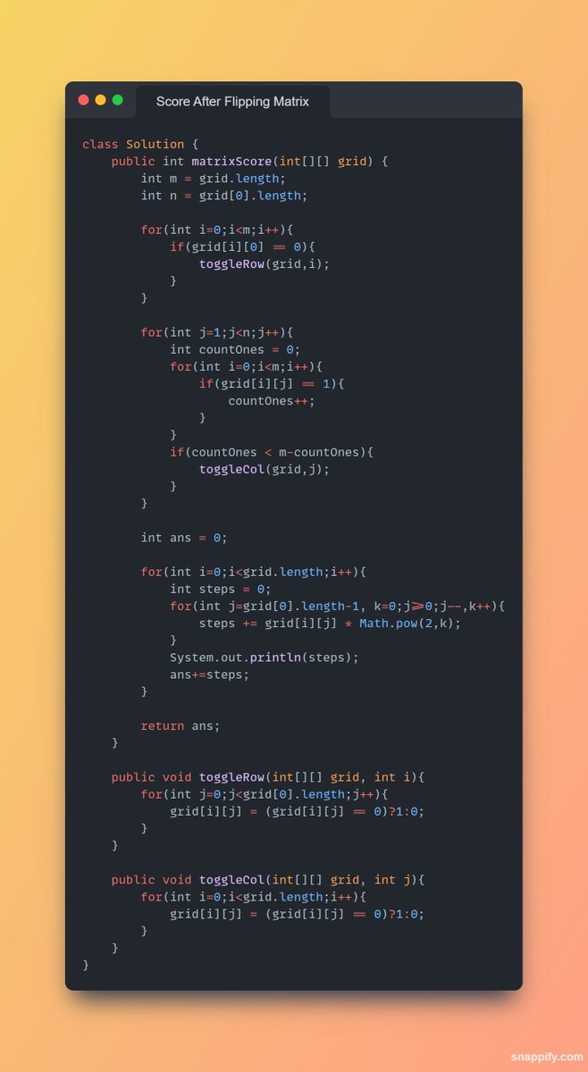 aryan90030's tweet photo. Day 76/100:
Question - 1 => 861. Score After Flipping Matrix
Question - 2 => 846. Hand of Straights
Questions Count - 152 & 153
#CodingJourney #ProgrammingGoals #100DaysOfCode https://t.co/j2bDPaDpO2