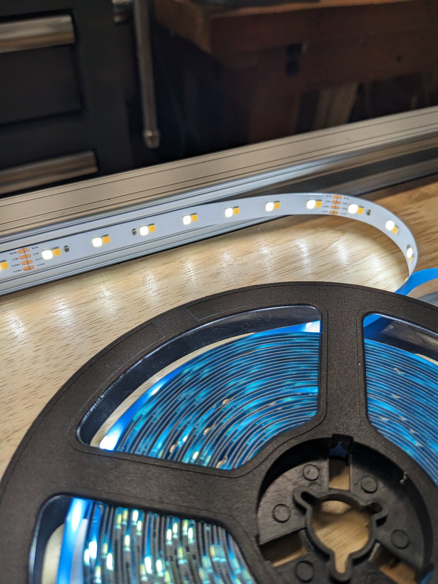 Even though it's bridging the gap in the aluminum extrusion and only has a bit of flange on each side to stick to, this way of integrating LED strip and 8020 framing is surprisingly effective! #ledlighting #maker #diy #backlight #engineering
