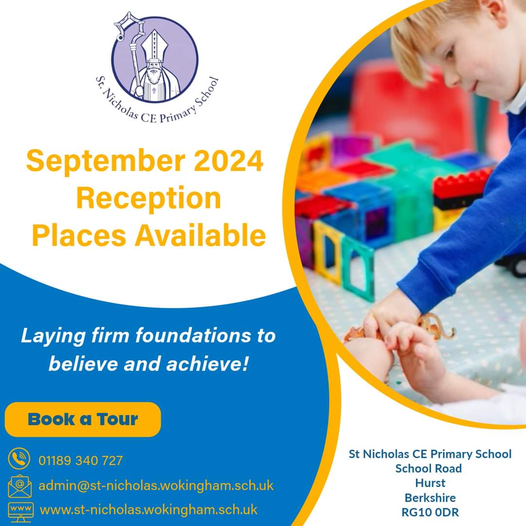 HurstStNicholas's tweet photo. We have a limited number of spaces available for September 2024. Please contact the school for more information and a visit.  #believeandachieve
admin@st-nicholas.wokingham.sch.uk https://t.co/BYWVE1KYJ2