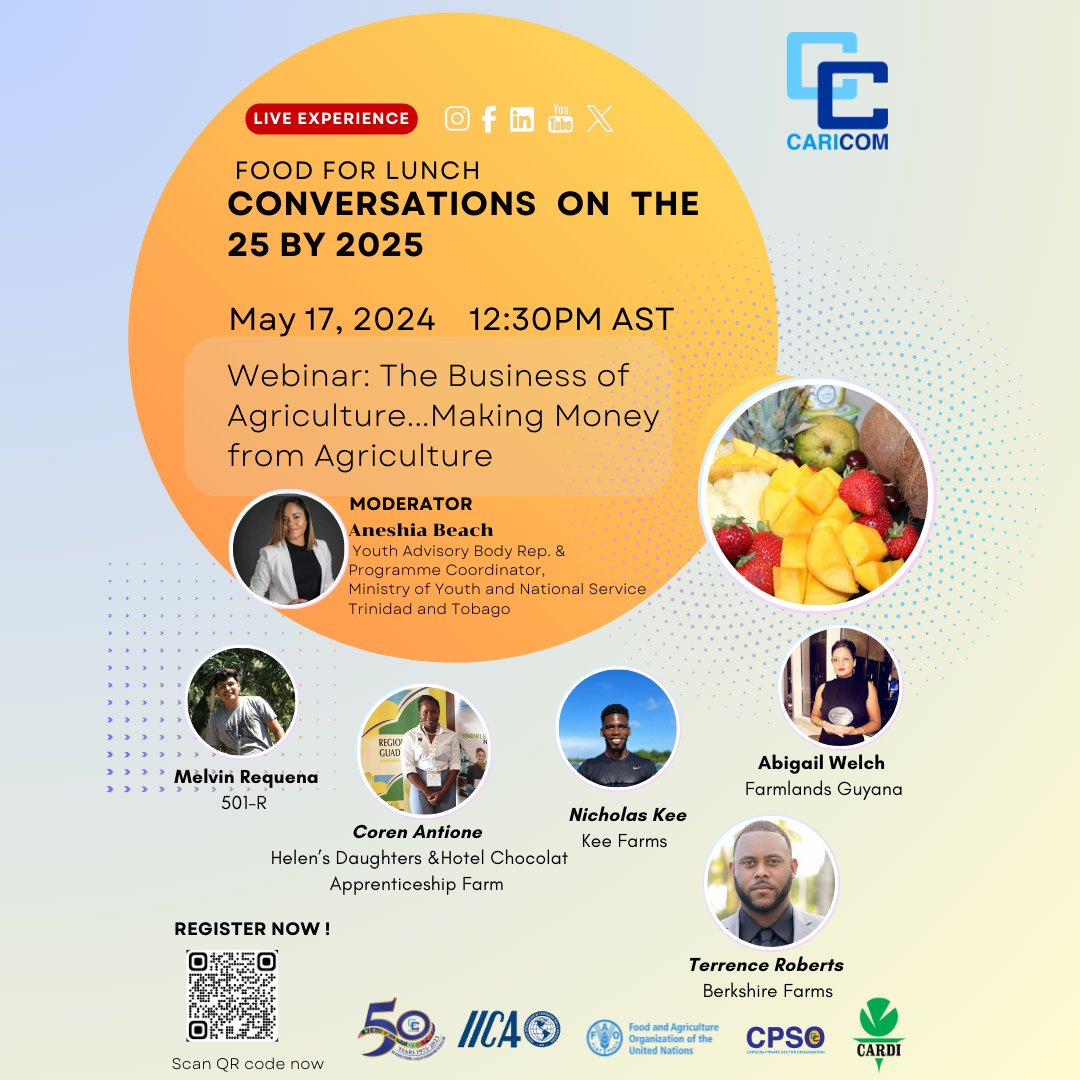 📌#SAVETHEDATE 🥗Food for Lunch: Conversations on the 25 by 2025 🗒️Topic: The Business of Agriculture... Making Money 📅 17 May 2024 ⏰12:30 PM AST 💻Register Now: uwi.zoom.us/j/99339386819?… 📲Join us live on our social media platforms