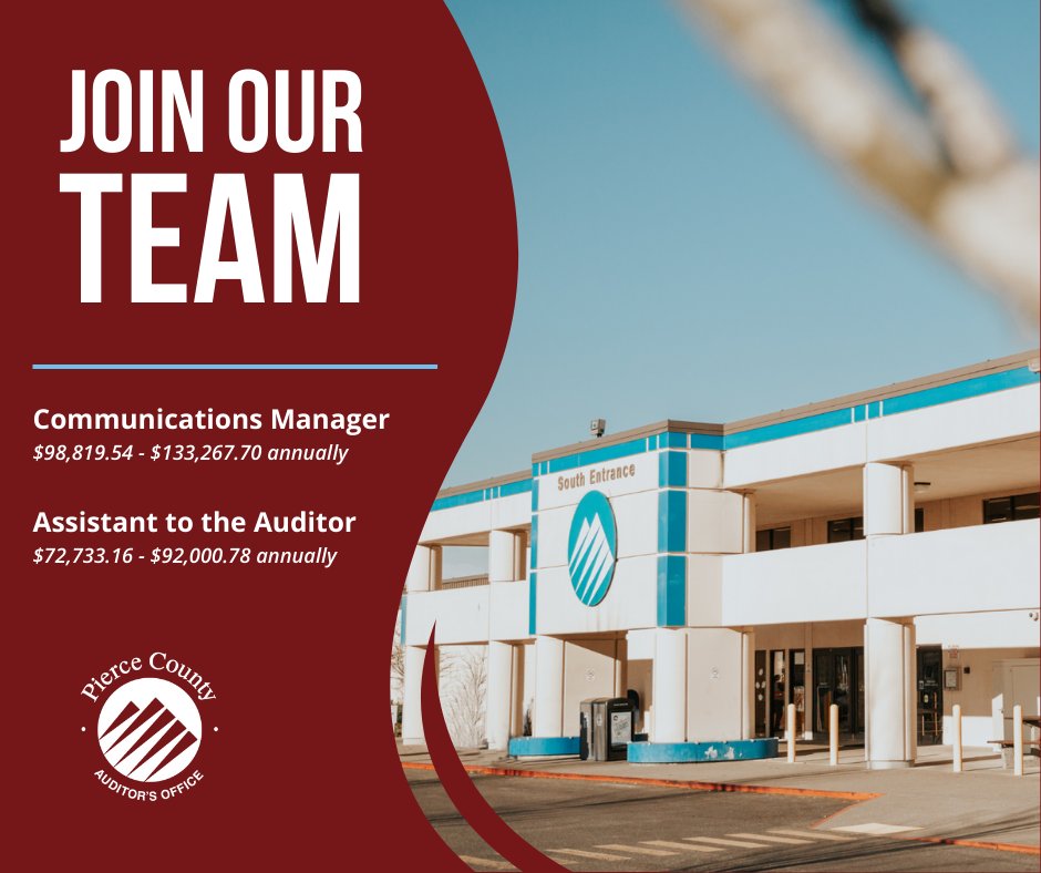 The Pierce County Auditor's Office is looking for talented individuals to join our dynamic team! We're thrilled to announce TWO incredible job opportunities: 1️⃣ Communications Manager: governmentjobs.com/careers/pierce… 2️⃣ Assistant to the Auditor: governmentjobs.com/careers/pierce…