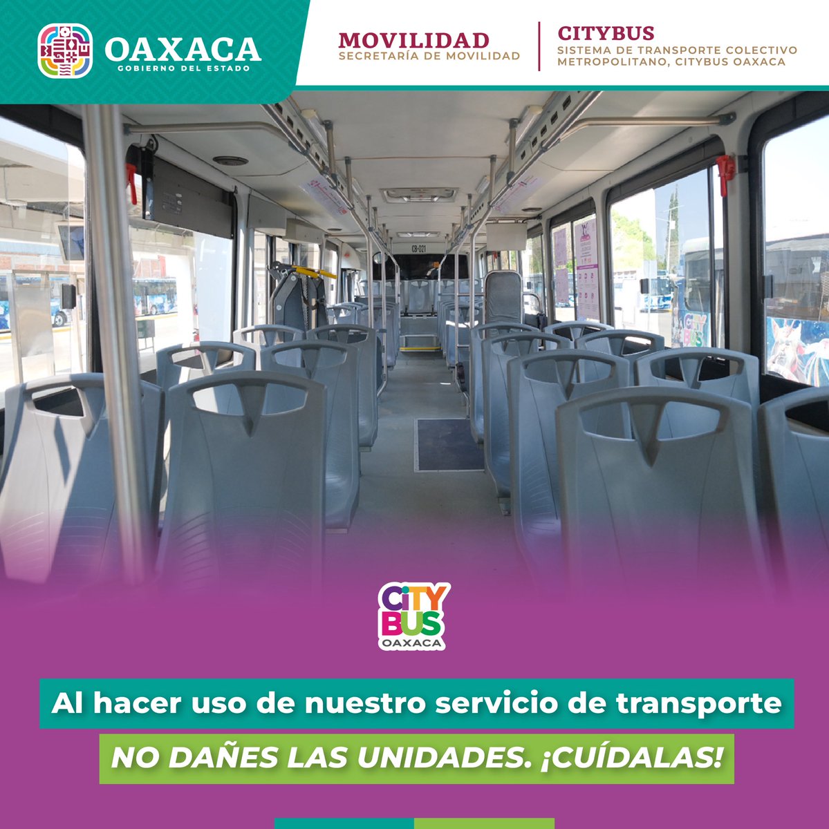 Exhortamos a las personas usuarias a cuidar las unidades del @Citybus_GobOax. ¡No las dañes! #VámonosEnCityBus