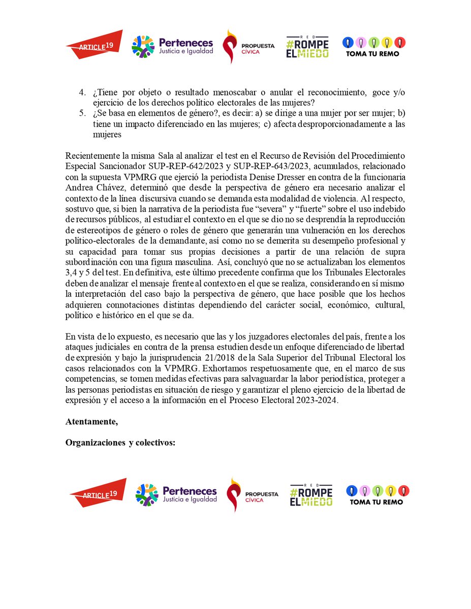 Colectivos y organizaciones de la sociedad civil hemos enviado una carta a los Tribunales Electorales expresando nuestra preocupación por el uso indebido de la 'Violencia Política en Razón de Género' contra periodistas. Les estamos solicitando de manera respetuosa, que se