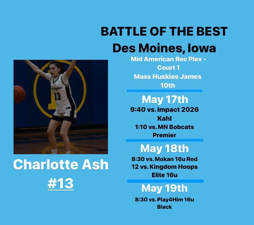 Charlotte Ash (@_charlotte_ash) on Twitter photo Here's my teams schedule for the upcoming tournament in Des Moines, Iowa this weekend! Super excited to play! <a href="/MAHuskies/">MA_Huskies</a> <a href="/ElzeyJames1/">Elzey James</a> Here's my teams schedule for the upcoming tournament in Des Moines, Iowa this weekend! Super excited to play! <a href="/MAHuskies/">MA_Huskies</a> <a href="/ElzeyJames1/">Elzey James</a>