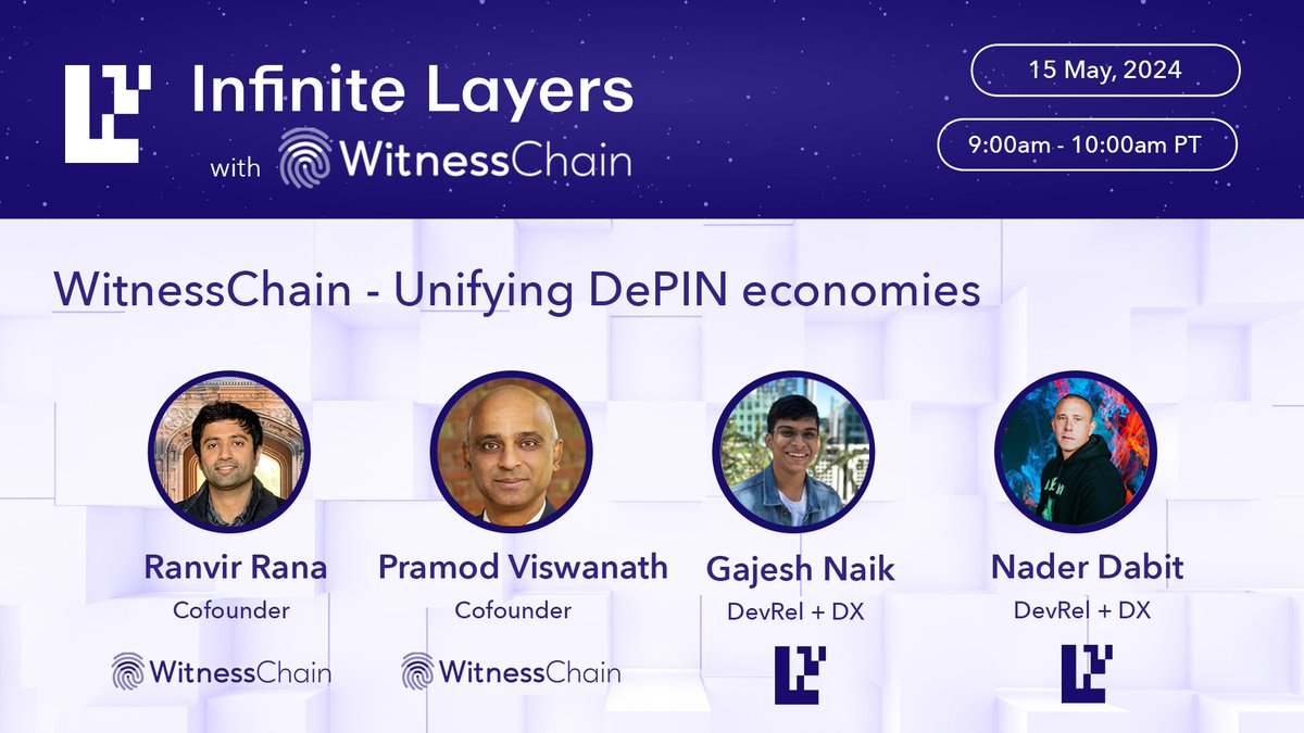 Infinite Layers Episode 4 with @0xranvir and @viswanathpramod of @witnesschain ⛓️ An @EigenLayer AVS for DePIN coordination, enabling sharing info about physical locations, network capacities, & more. Wednesday May 9:00am PT - on X or RSVP + join chat: streamyard.com/watch/edG2iwfn…