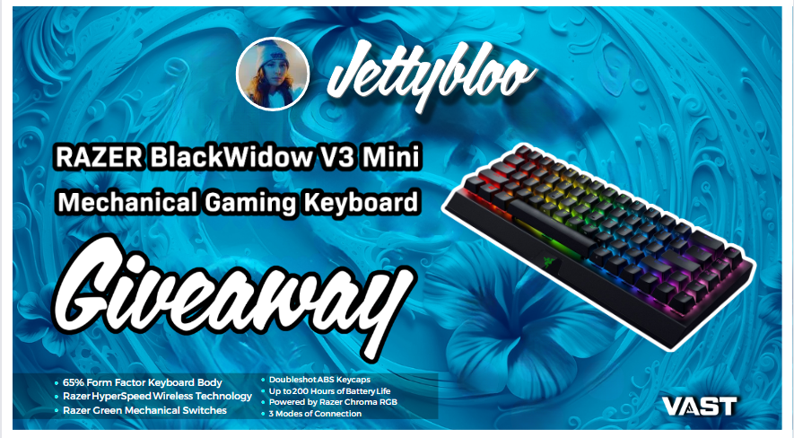 BlackWidow V3 Mini Wireless Keyboard Giveaway! To enter, perform these tasks via the link below: 🔁 Retweet + Like 🌊 Follow @jettybloo @VastGG Enter Here: vast.link/Jettybloo