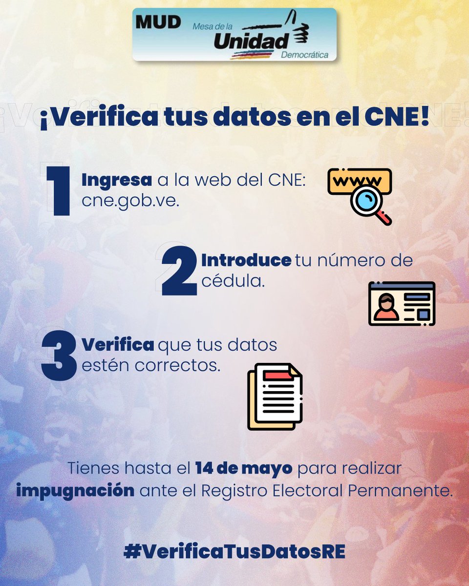 ¿No apareces en el CNE? ¡Calma! Tienes hasta MAÑANA #14Mayo para realizar las impugnaciones ante el Registro Electoral Permanente, es nuestro derecho apoyar el proceso de impugnación y denuncia. #EleccionesLibresVzla