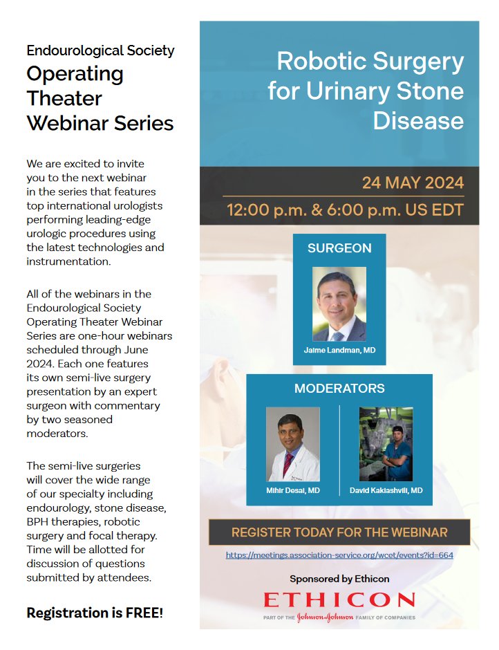 Join us for our Operating Theater Webinar Series, 1-hour semi-live surgery by experts! Robotic Surgery for Stone Disease 👥@jaimelandmanuci @DrMihirDesai David Kakiashvili 📆Friday, May 24, 12:00 & 18:00 EDT Free registration: meetings.association-service.org/wcet/webinars Sponsored by @Ethicon