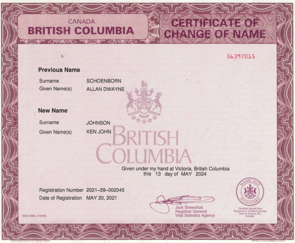 #BREAKING BC Vital Statistics have shared the new name certificate for 3x child killer Allan Schoenborn. His new name - approved in May 2021 - is Ken John Johnson.