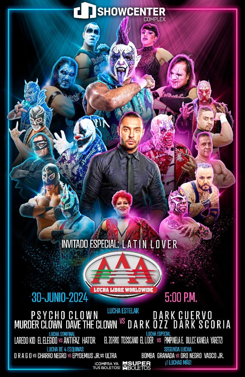 ¡Cartel de ALTO NIVEL para el regreso de #LuchaLibreAAA al Showcenter Complex Monterrey! 🗓️ 30 de Junio. | ⌚ 5:00 PM. 🎟️ Boletos a la venta en @SuperboletosMx.