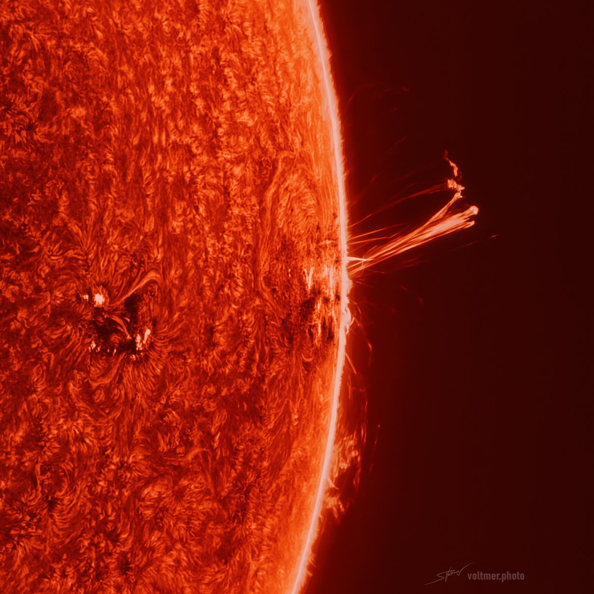 This eruption is going out from the giant sunspot group AR 3664 which produced vivid and bright Auroras even in sounthern regions of our planet. For this shot I used my Traveler telescope from Astro-Physics and a Quark filter system from DayStar. It was such an impressive view in