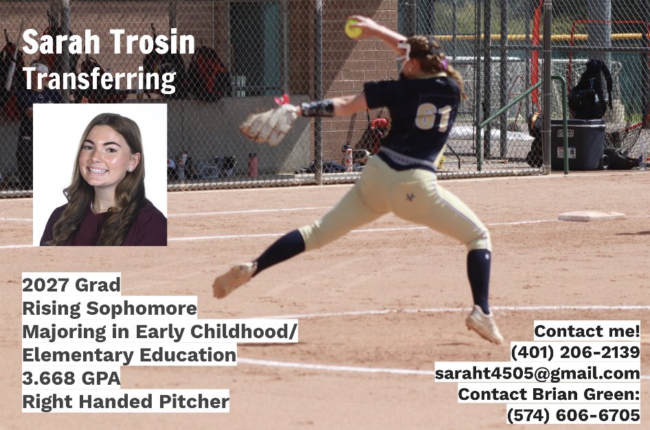 Sarah Trosin (@sarahtrosin) on Twitter photo I have decided to enter the transfer portal and am looking for a new opportunity! I have 3 years left of eligibility and am excited for the future ahead. Please contact me when the portal opens on Sunday, May 19!
401-206-2139, saraht4505@gmail.com
Please contact <a href="/MagicGoldSB/">IN Magic Gold-Green</a> I have decided to enter the transfer portal and am looking for a new opportunity! I have 3 years left of eligibility and am excited for the future ahead. Please contact me when the portal opens on Sunday, May 19!
401-206-2139, saraht4505@gmail.com
Please contact <a href="/MagicGoldSB/">IN Magic Gold-Green</a>