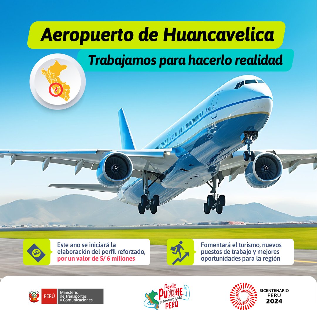 ¡Impulsamos la conectividad en #Huancavelica! ✈️ El #MTC anunció la creación de un aeropuerto en la región. 💪🇵🇪 Conoce más: gob.pe/es/n/949412