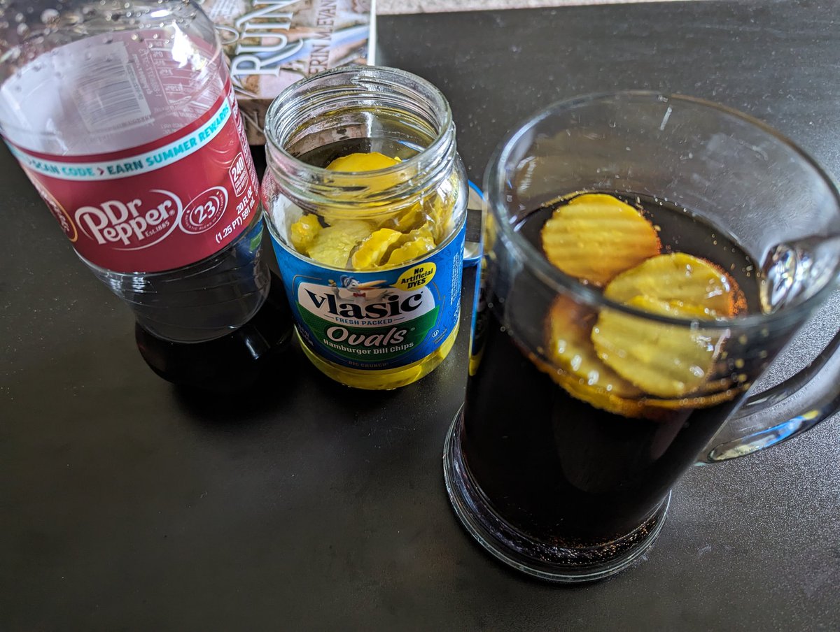 Not every strange food that @BDaveWalters tags me in are things I can try. But Dr. Pepper & pickles were an easy lift! So I tried it and it's pretty good! The pickles smooth the flavor of the pop. It's not my new drink but is ok! @AliciaMarieBODY @kawaiinot @kylevogt @AlizaPearl